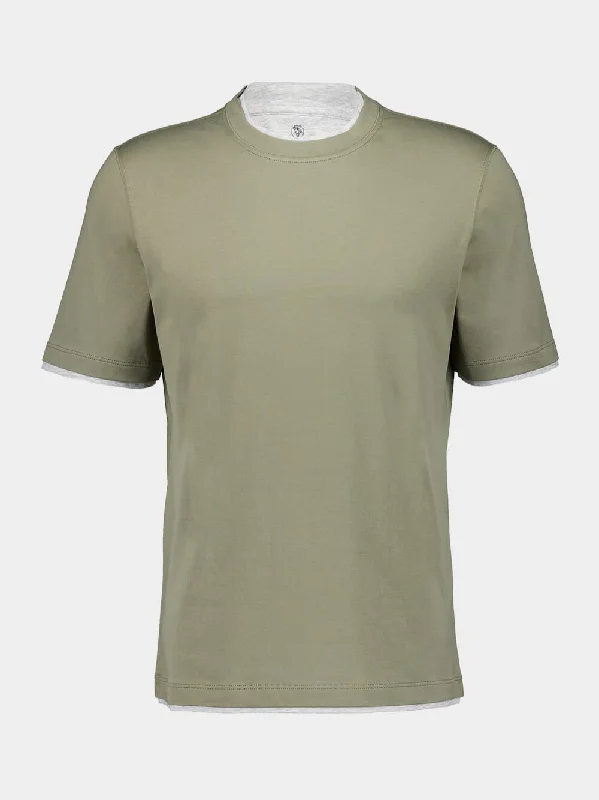 Women's clothing shipping deals-Green Cotton Jersey T-Shirt with Faux-Layering