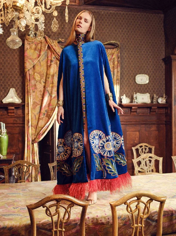 Women's clothing luxury labels-Aspen Embroidered Velvet Cape with Feathers