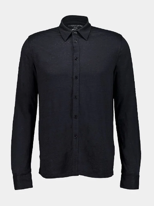 Women's clothing influencers-Black Linen Long-Sleeved Shirt