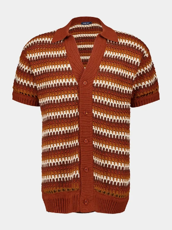 Women's clothing feel-good-Brown V-Neck Pinto Crochet Cotton Shirt