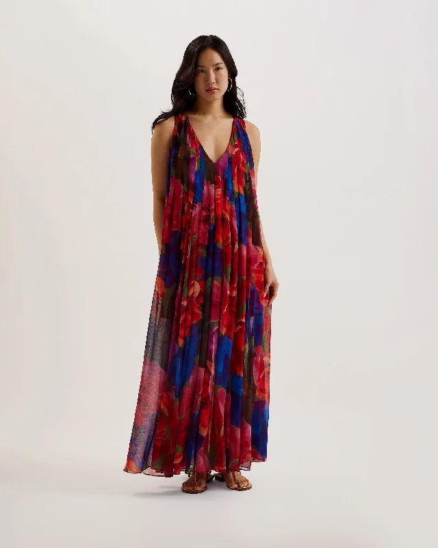 Knit cozy dresses-Rabiusa Organza Tropical Bloom V Neck Maxi Dress Multicolor