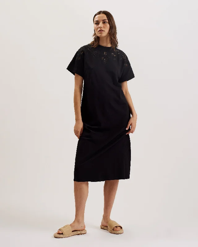 Sweater weather dresses-Salyha Embroidered Cut Out Midi Tshirt Dress Black