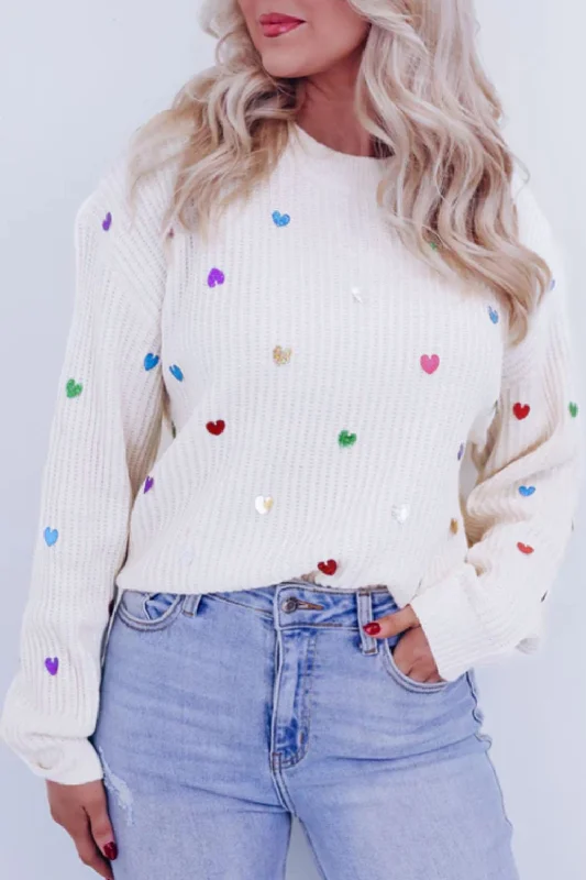 Sweaters moisture-wicking-Heart Sequin Round Neck Long Sleeve Sweater