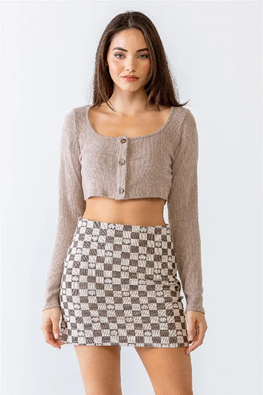 DJ Tops-Mocha Ribbed Button-Up Long Sleeve Crop Top /3-2-1