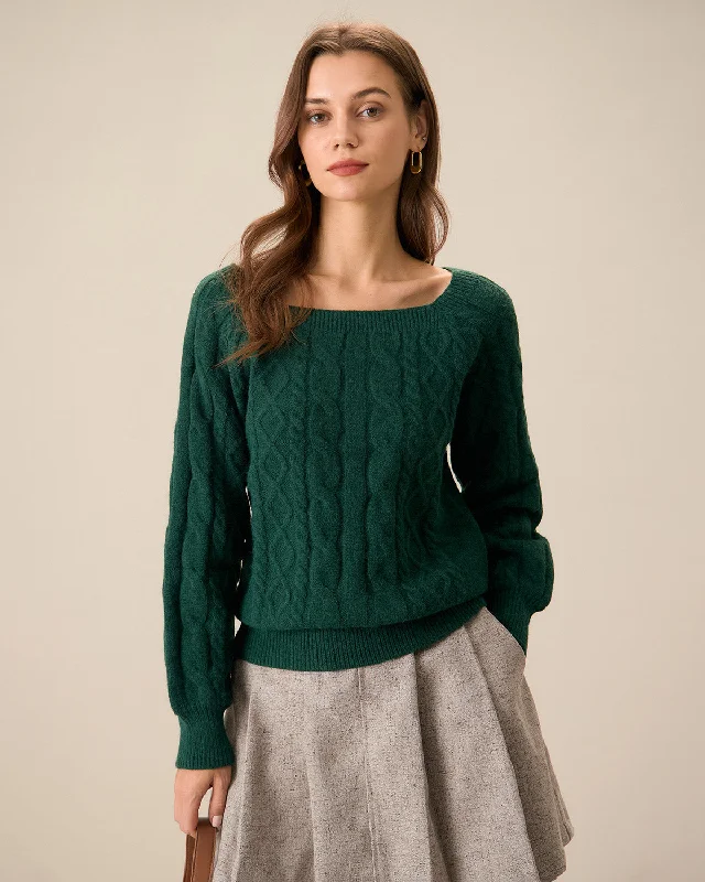 Sweaters cultural twist-Green Romance Cable Knit Crew Sweater