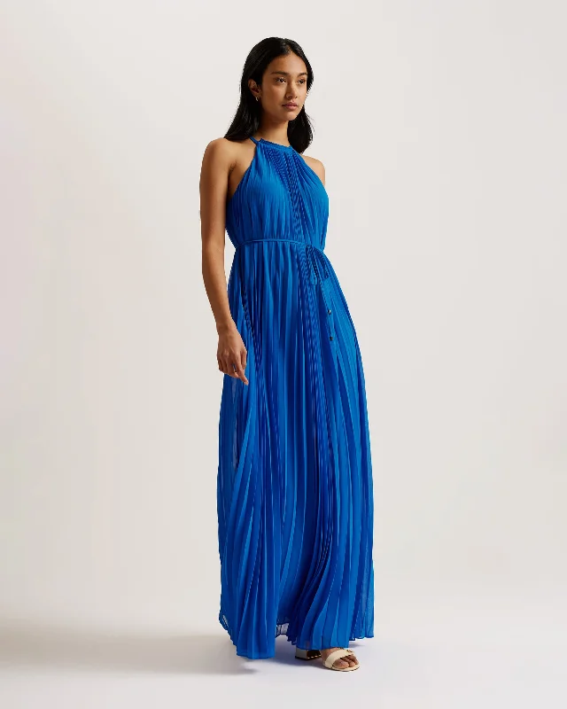 Sleeveless chic dresses-Helyos Pleated Halterneck Maxi Dress Blue