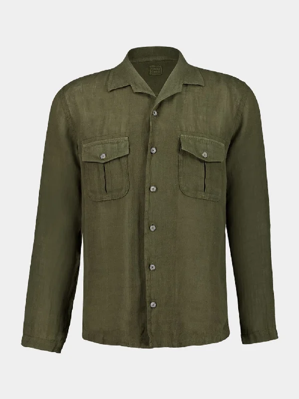 Women's clothing mini dresses-Military Green Long-Sleeve Linen Shirt with Front Pockets