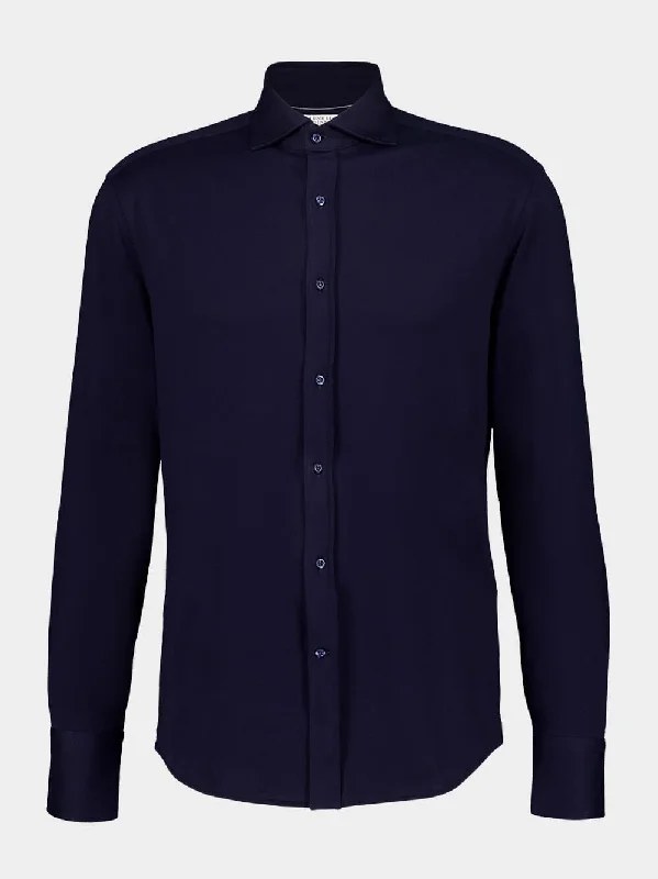 Women's clothing casual date-Navy Blue Cotton Tailored Shirt