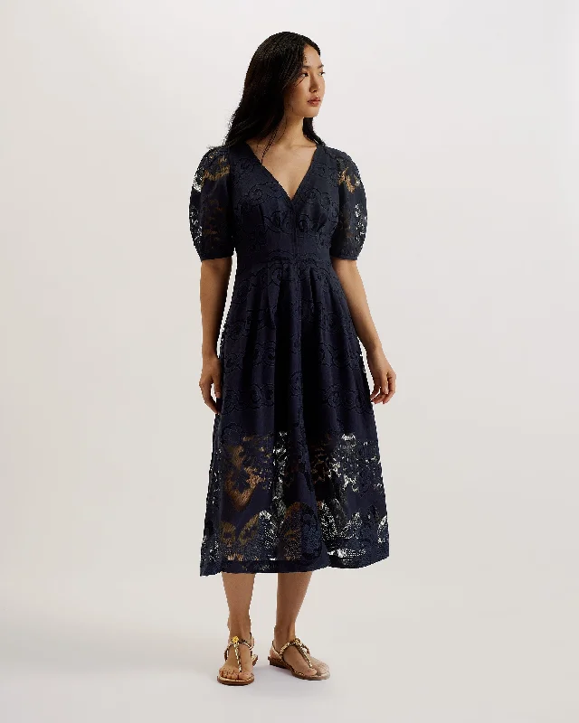 Sapphire shine dresses-Agnel Lace Puff Sleeve Midi Dress Navy