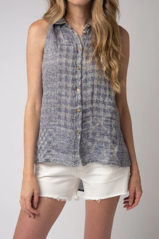 Wellness Tops-Canotta Valanza Linen Button Down Top in Blu Naturale