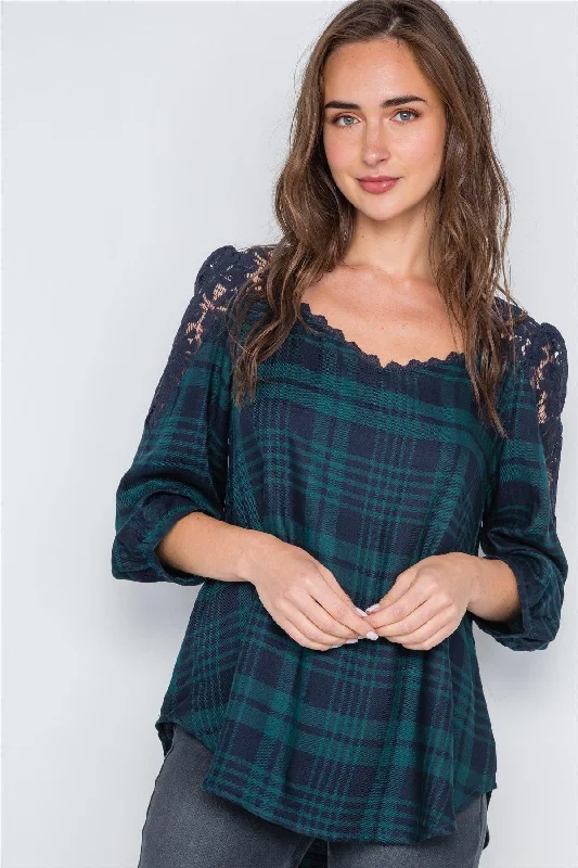 Star Tops-Green Plaid Front & Back Lace 3/4 Sleeve Top