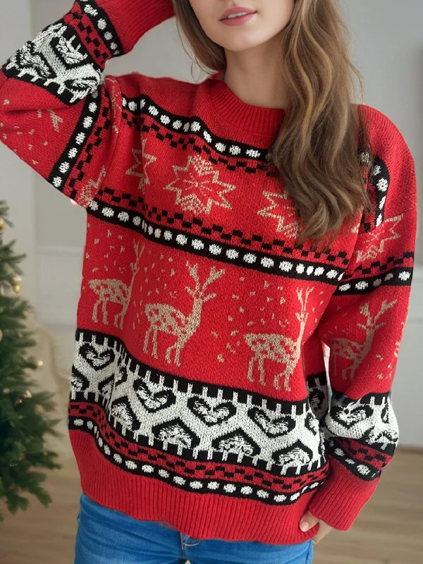 Sweaters ribbed texture-Christmas Element Round Neck Long Sleeve Sweater