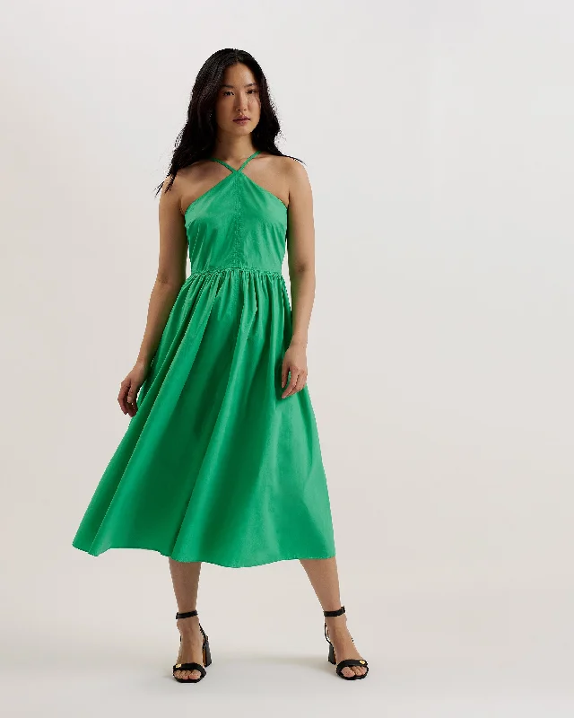 Sheath work dresses-Vari Halterneck A-Line Midi Dress Green