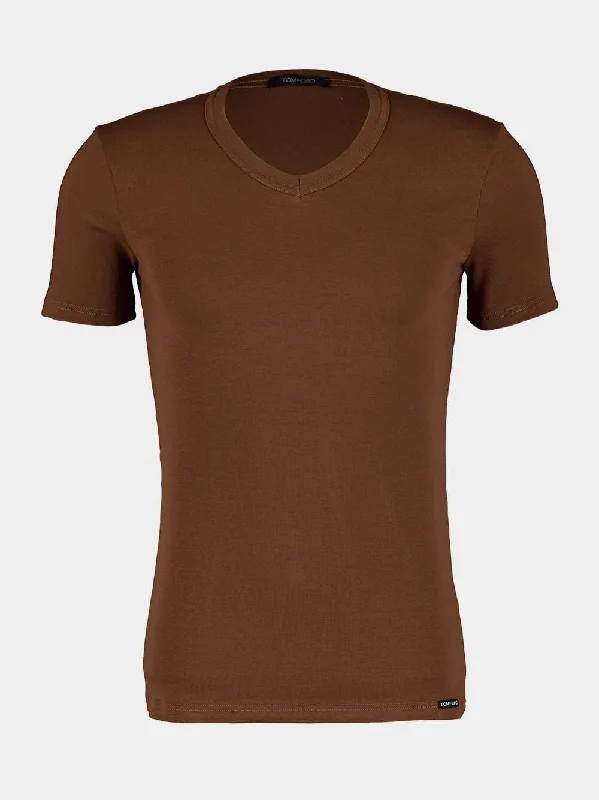 Women's clothing artisan-Classic V-Neck Brown T-Shirt