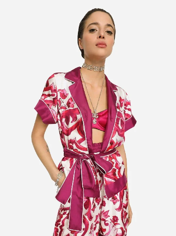 Women's clothing mid-range-Majolica-Print Belted Silk Shirt