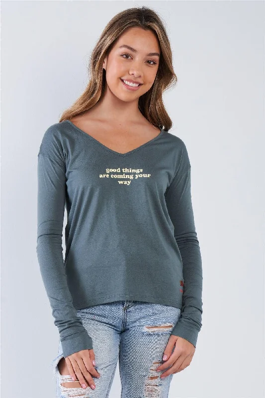 Baker Tops-Kale Long Sleeve V-Neck "Good Things Are Coming Your Way" Top