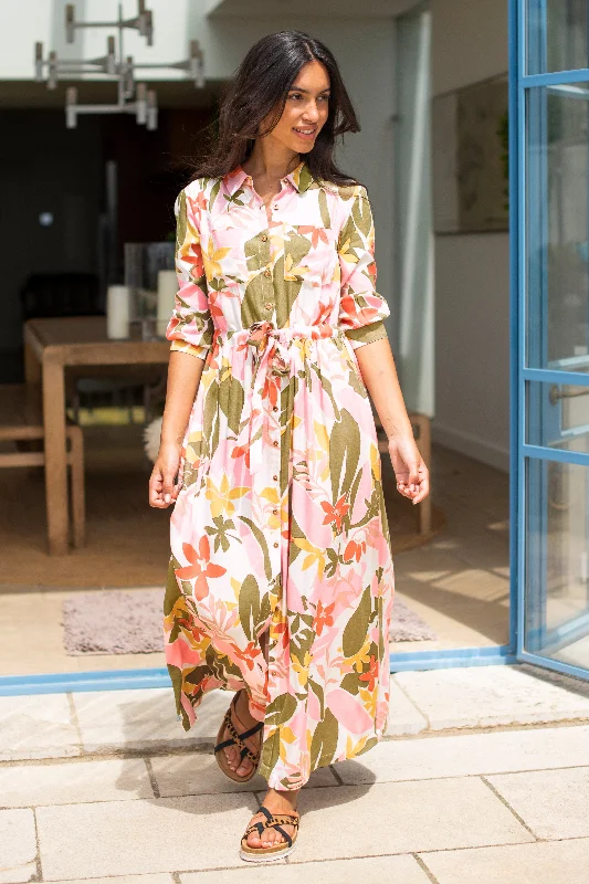 Professional work dresses-Tropical Palm Shirt Dress