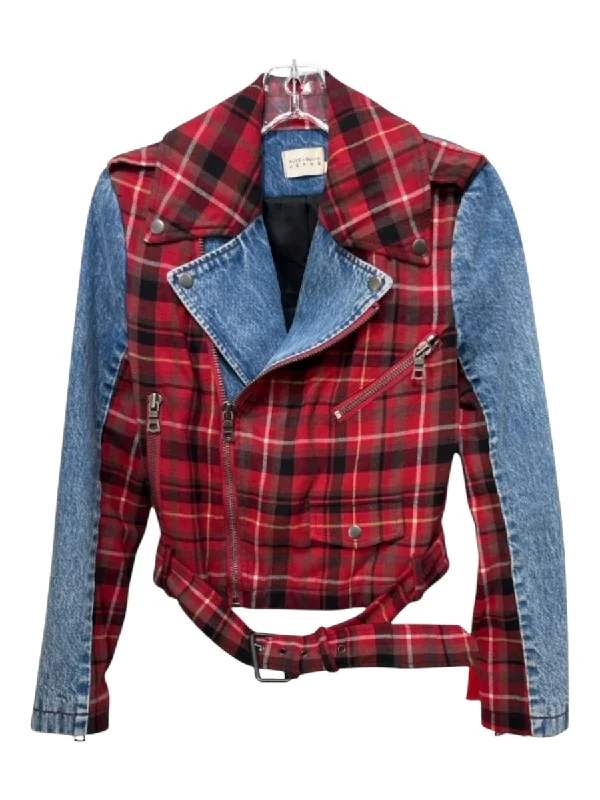 Jackets den vibe-Alice + Olivia Jeans Size S Blue & Red Cotton Denim Plaid Zip Belted Jacket