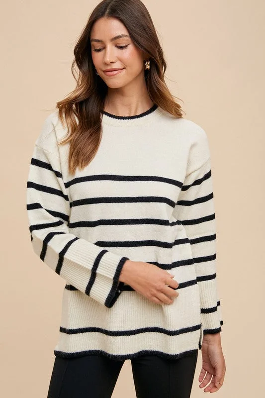 Sweaters warm layer-Annie Wear Side Slit Striped Round Neck Sweater