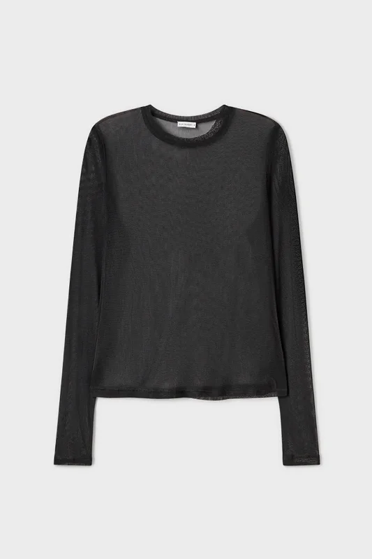 Crisp Tops-Silk Laundry Mesh Long Sleeve Top in Black