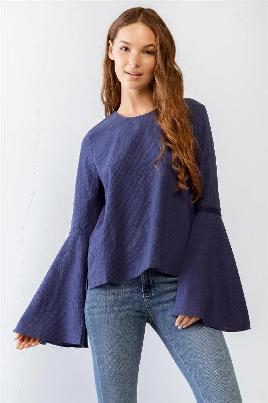 Sleek Tops-Navy Cotton Waffle Knit Back Button-Up Bell Long Sleeve Top /1-2-2-1