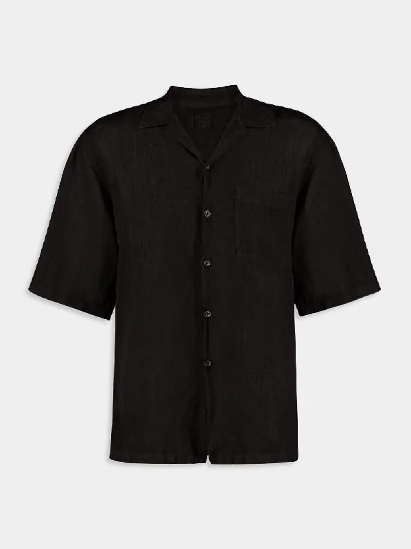 Women's clothing long jackets-Linen Button-Down Black Shirt