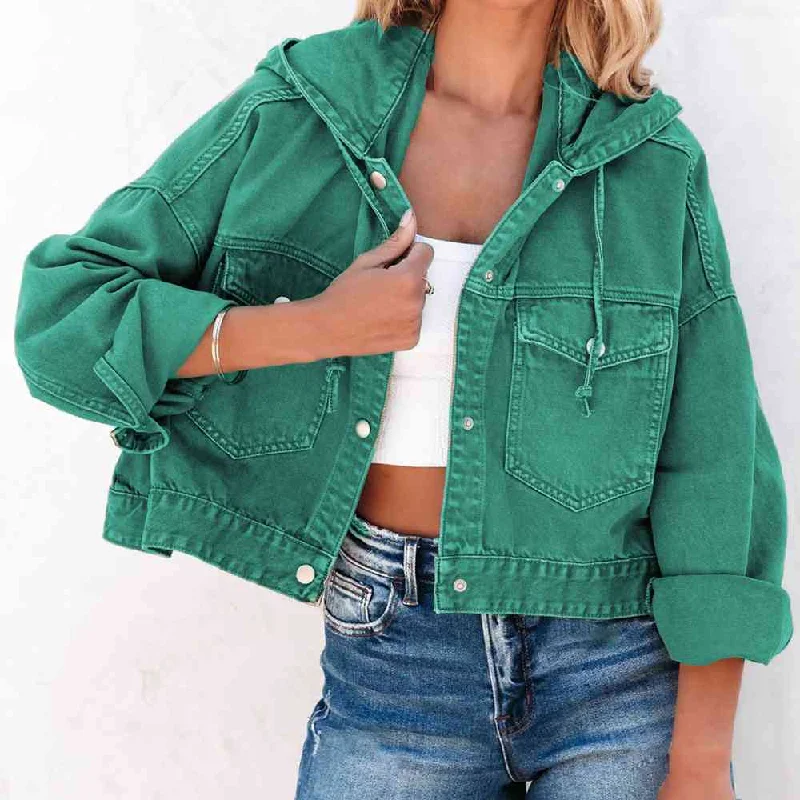 Jackets tang style-Hooded Dropped Shoulder Denim Jacket