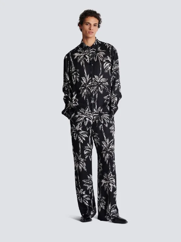 Women's clothing day-to-night-Printed Satin Palm Tree Shirt