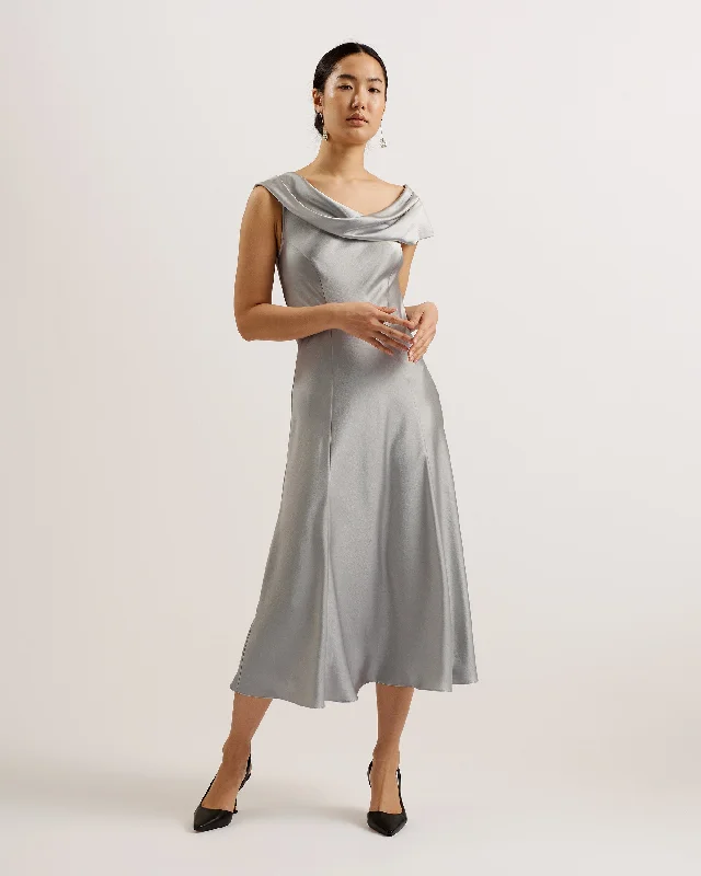 Amethyst mystic dresses-Sirinna Draped Neck Bias Cut Midi Dress Lt-Grey