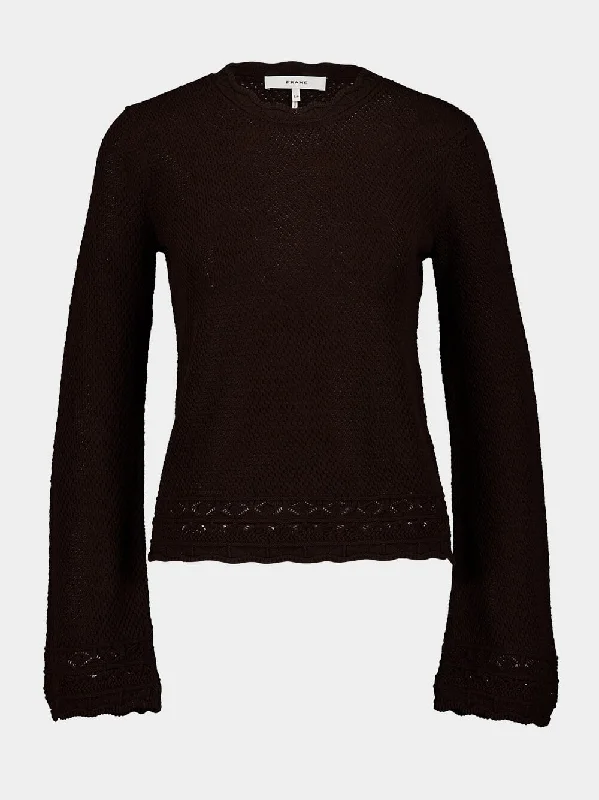 Women's clothing picnic wear-Pointelle-Knit Bell-Sleeve Jumper