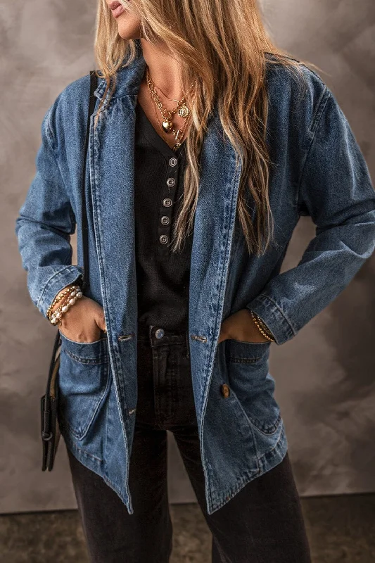 Jackets tang chic-Pocketed Long Sleeve Denim Jacket