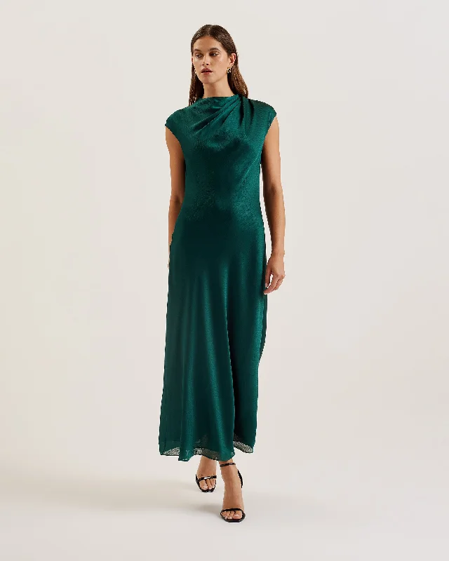 Boho tiered dresses-Rimini Draped Neck Detail Midi Dress Dk-Green