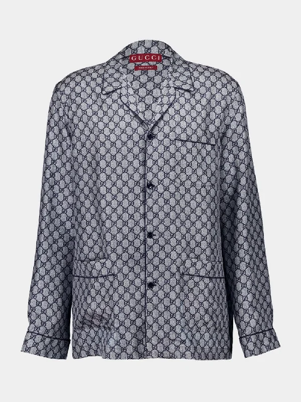 Women's clothing long coats-Navy GG Print Silk Shirt