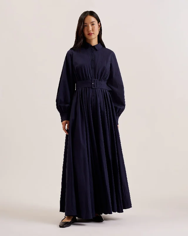 Beachy chiffon dresses-Ene Button Down Maxi Shirt Dress With Belt Navy