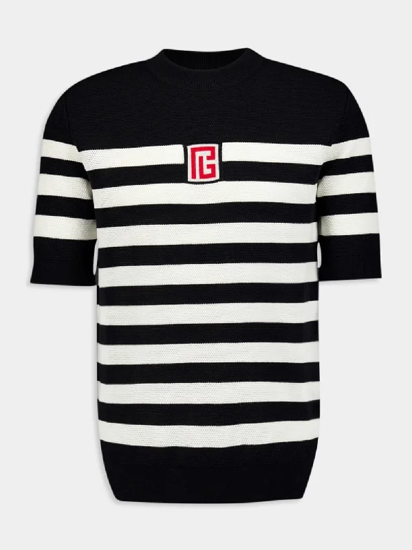 Women's clothing trendy patterns-Striped Piqué Knit T-Shirt