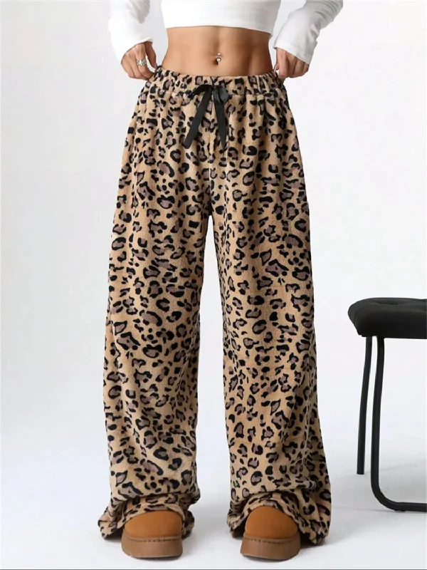 Bottoms with loose leg-Leopard Wide Leg Plush Pants