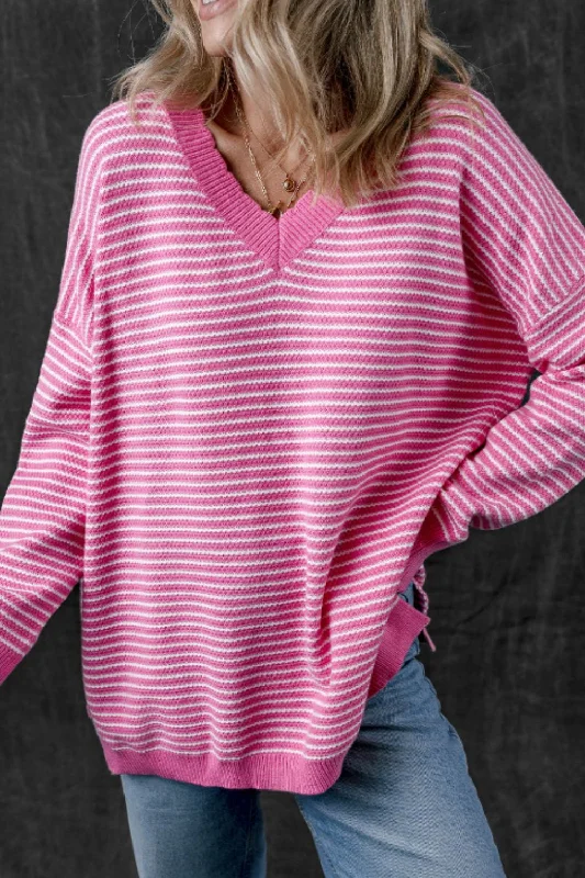 Sweaters wrinkle-free-Striped V-Neck Dropped Shoulder Sweater