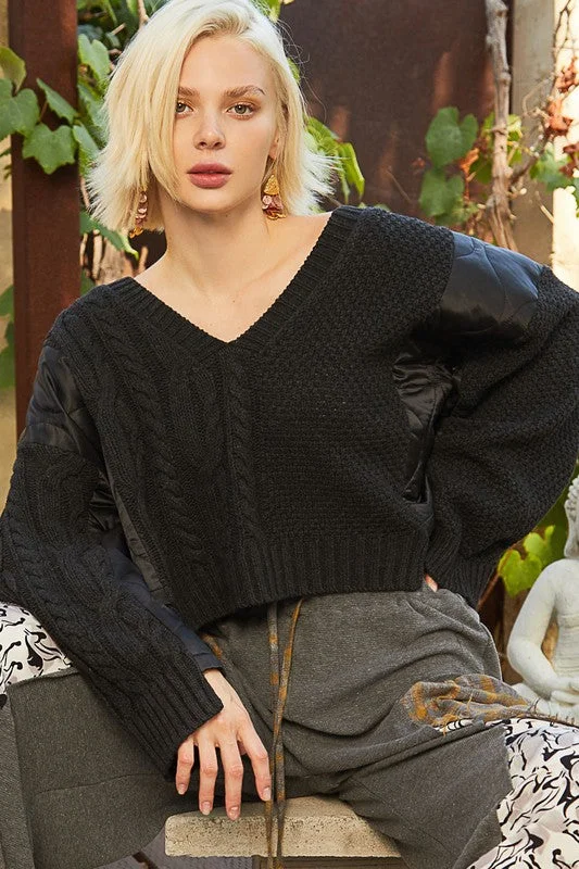 Sweaters pop glow-POL Cable Knit Quilting Patch V-Neck Sweater