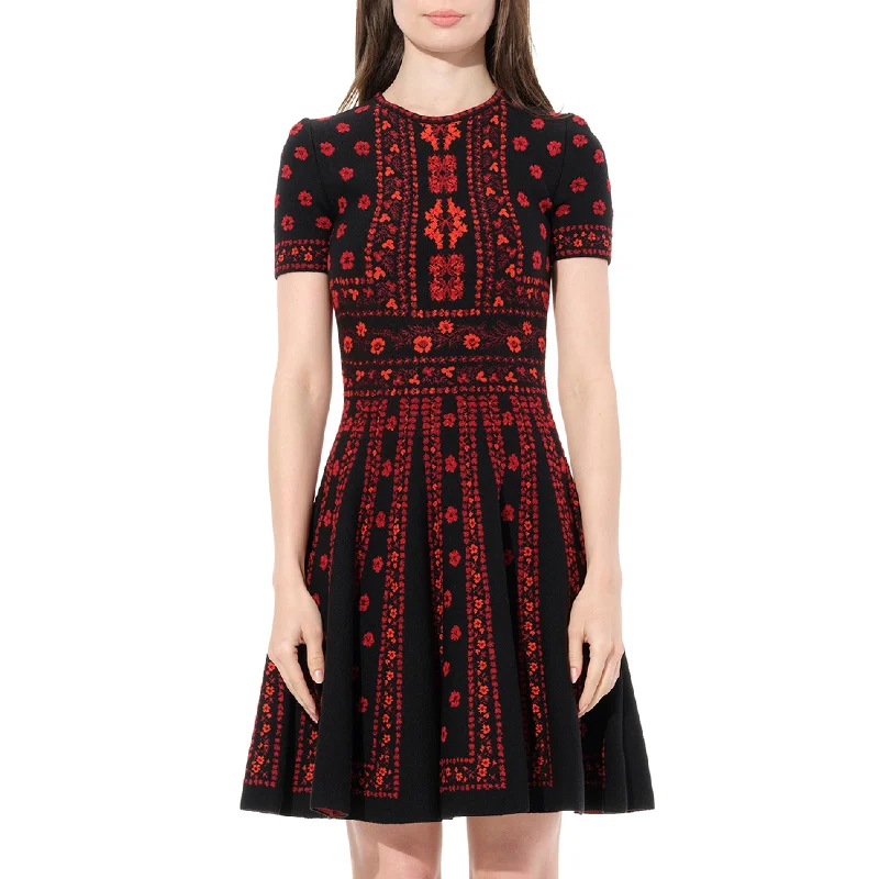 Petite lace dresses-Flower Jacquard Dress in Black/Red