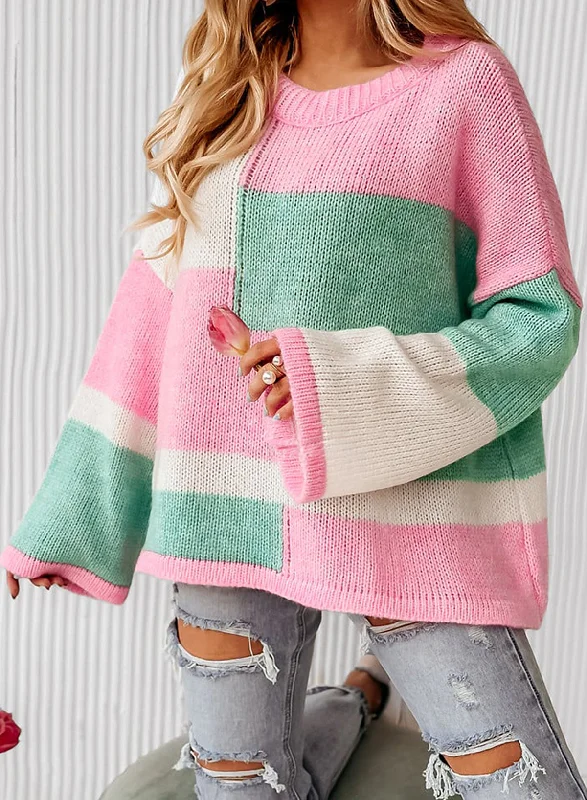 Sweaters anywhere glow-Color Block Round Neck Drop Shoulder Sweater