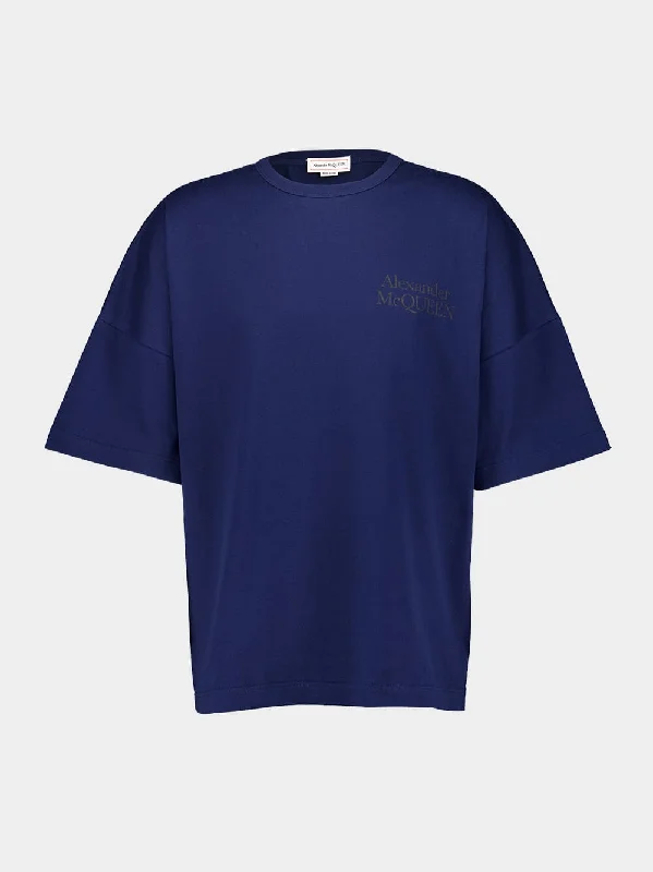 Women's clothing shiny-Exploded Logo Oversized Blue T-Shirt