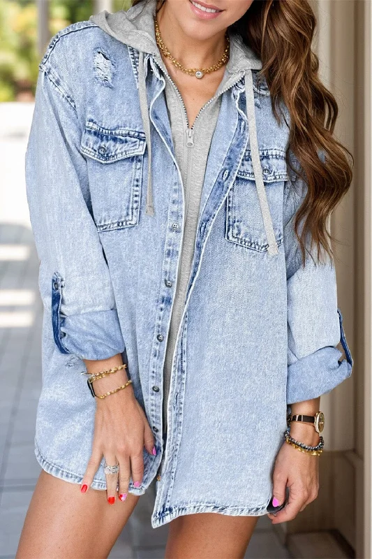 Jackets burg vibe-Distressed Button Up Long Sleeve Denim Jacket