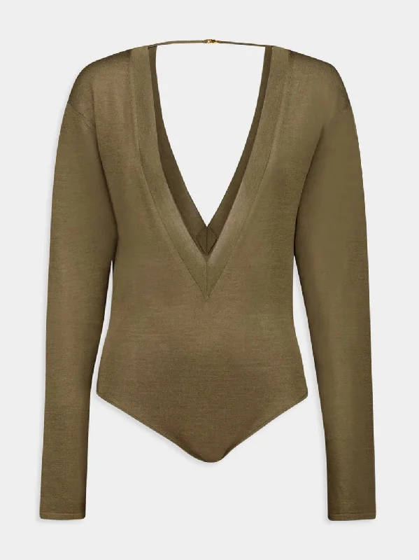 Women's clothing signature-Olive Green V-Neck Bodysuit