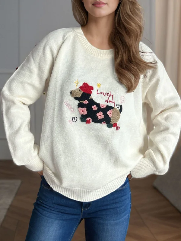 Sweaters date night-Puppy Round Neck Raglan Sleeve Sweater