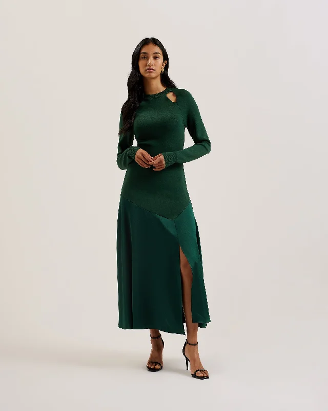 Halter cute dresses-Alfeios Cut Out Midi Knit Dress With Front Sl Dk-Green