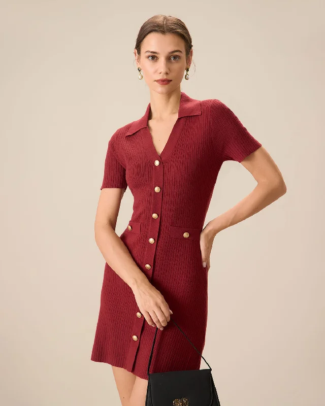 Sweaters luxe ease-Women's Red V-Neck Bodycon Sweater Dress