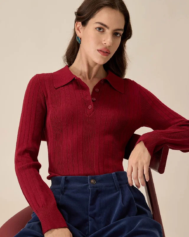 Sweaters free delivery-Red Slim Button Sweater