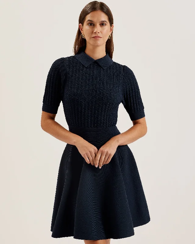 Festive festival dresses-Miiaaa Knitted Skater Dress With Collar Navy