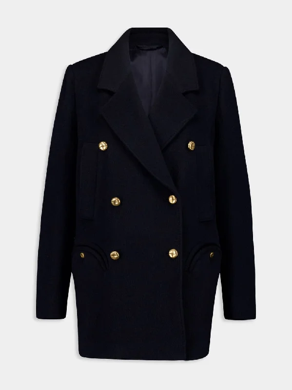 Women's clothing runway-Navy Alpaca Wool Peacoat