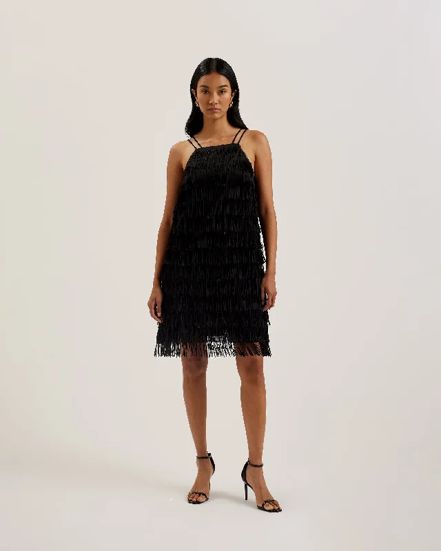 Deep navy dresses-Bartin Fringe Halter Neck Mini Dress Black